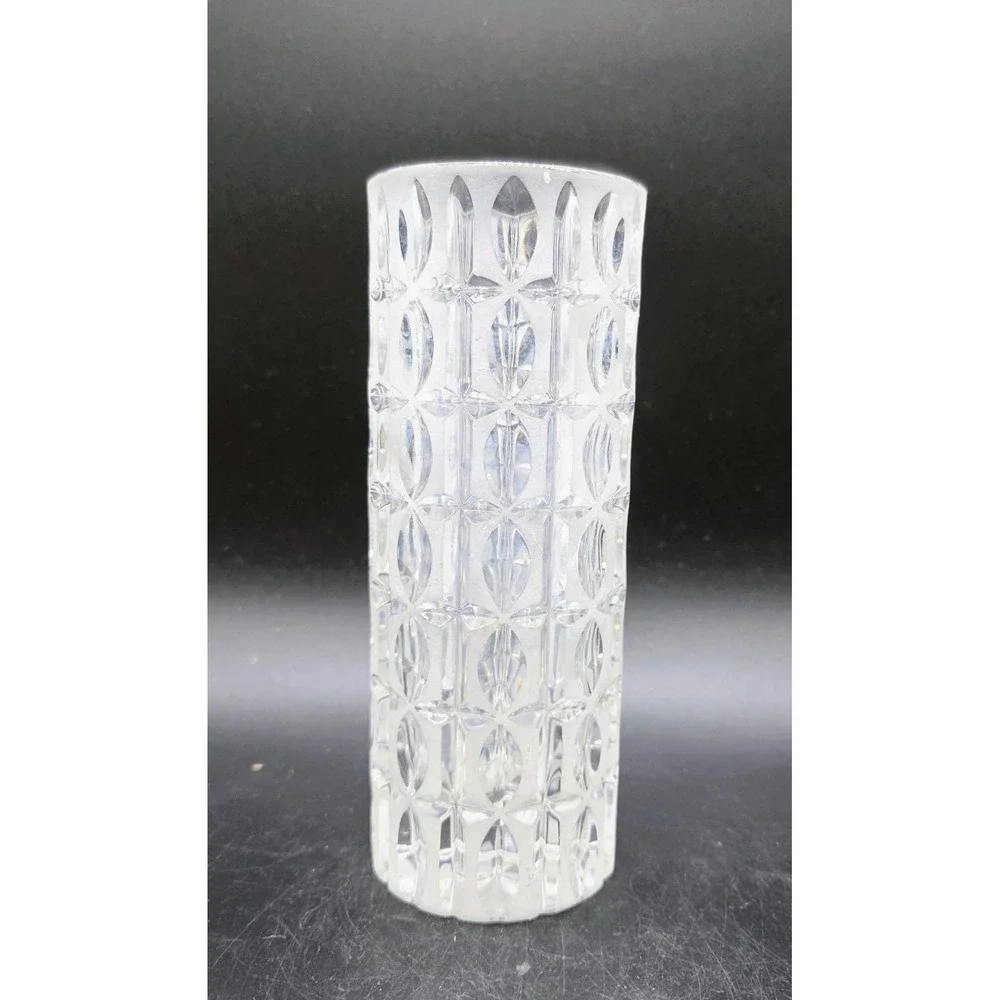 Vintage Nachtmann Mid Century Crystal Geometric Frosted Clear Cylinder Vase 7.5